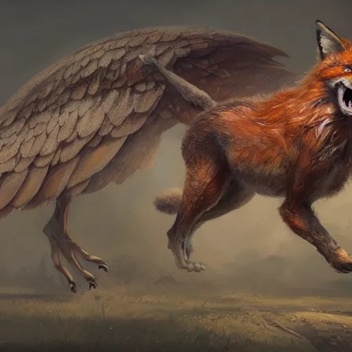 Image similar to a ultradetailed beautiful concept art of a chimera consisting of a fox and a turkey, trying to use its turkey wings concept art, high resolution 4 k, by tom bagshaw, greg rutkowski, charli bowater and artgeem