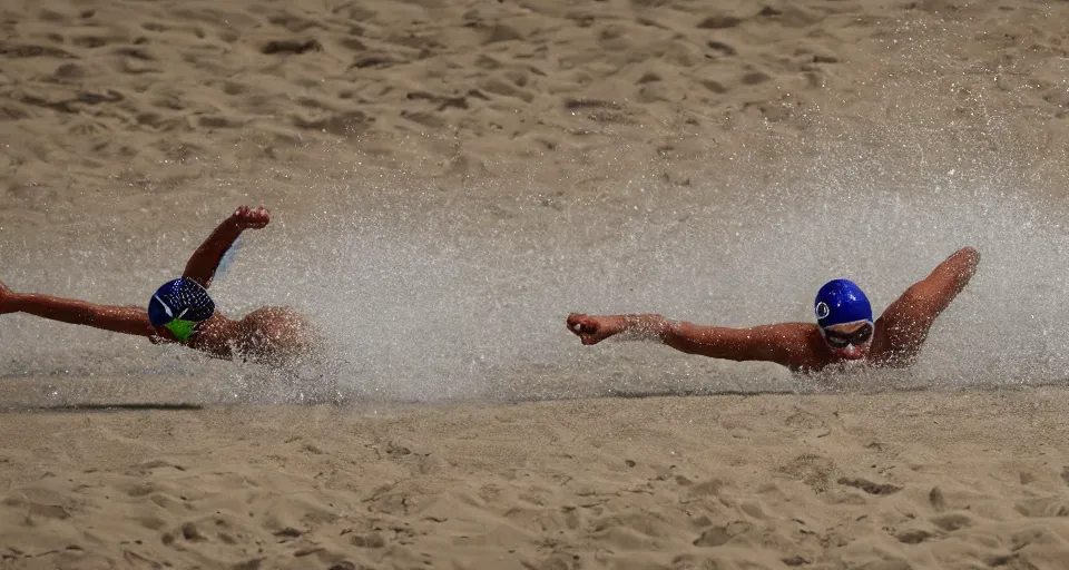 Image similar to olympic swimming in sand instead of water, extremely coherent, motion blur