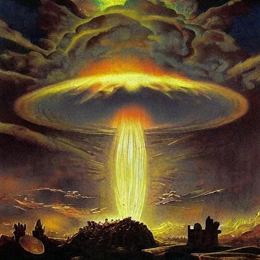 Image similar to nuclear mushroom cloud, fall of rome, epic painting