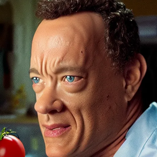 Image similar to still from a movie starring tom hanks with his nose made out of a tomato