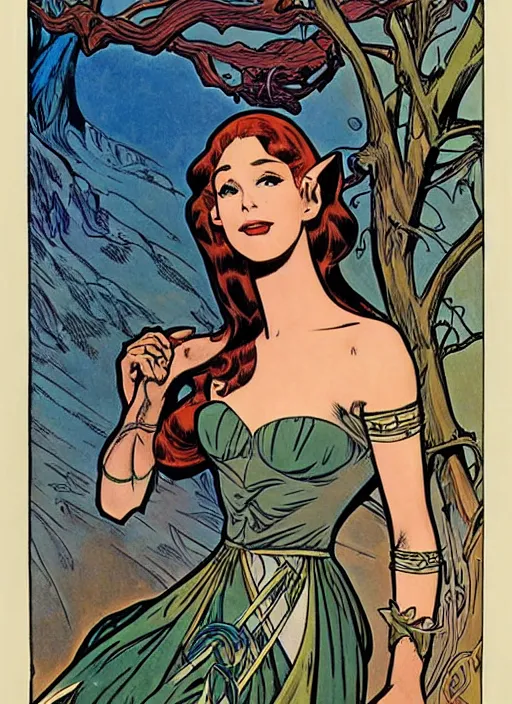 Image similar to a beautiful young woman. she is a woodland elf. well composed, clean elegant painting, beautiful detailed face. retro comic book art by steve ditko and jack kirby and ( alphonse mucha )