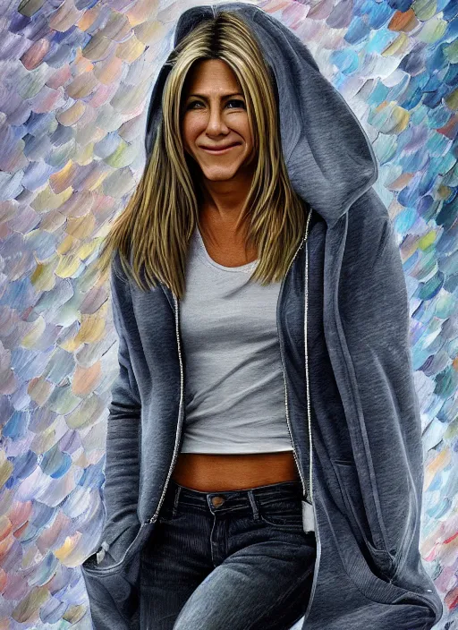 Prompt: jennifer aniston, gray hoodie, jeans, half body shot, path traced, highly detailed, high quality, digital painting, alena aenami, leonid afremov, lilia alvarado, shinji aramaki, karol bak, alphonse mucha, tom bagshaw