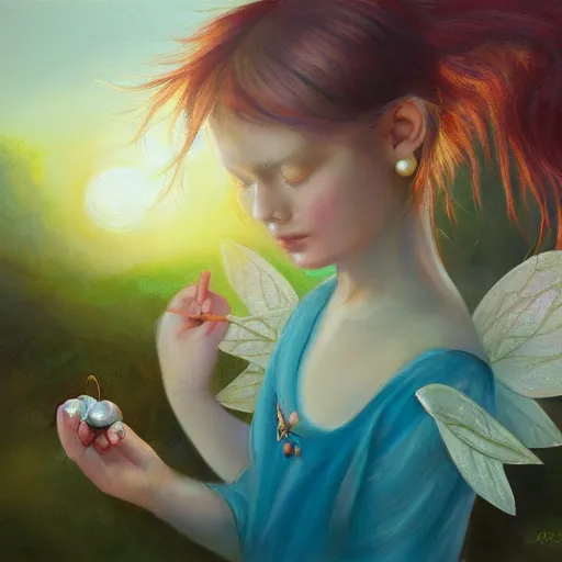 Prompt: Girl with a pearl earing, painting, leaves, tiny fairies, sunrise, eyeshadow, wind