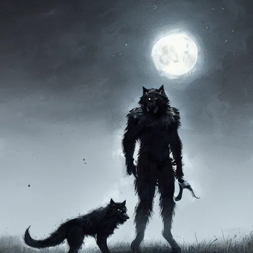 Prompt: An image of werewolf at night with full moon in style of Jakub Różalski, digital art, artstation