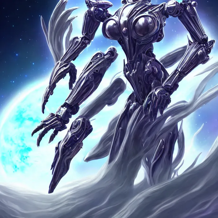 Image similar to goddess shot, galactic sized stunning beautiful anthropomorphic robot mecha female dragon, in space, larger than planets, posing elegantly, the earth a mere marble in her claws, detailed silver armor, epic proportions, epic scale, detailed digital art, ultra detailed, furry art, macro art, dragon art, giantess, warframe fanart, furaffinity, deviantart, realistic