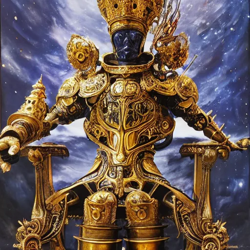 Prompt: a king in a suit of ornate brass armor sitting on a throne, in the background a window shows the inky blackness of space, by yoshitaka amano, oil paint