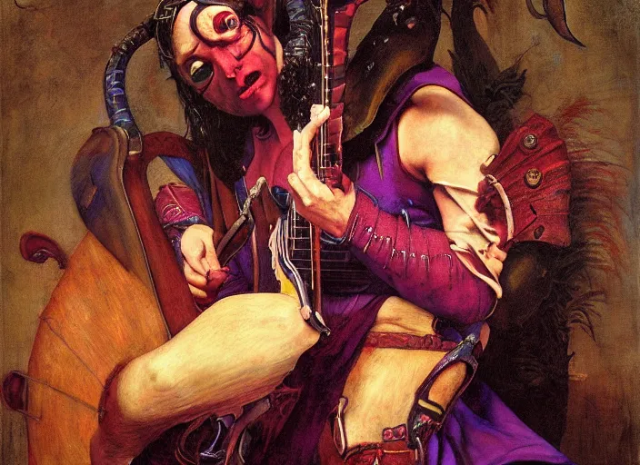 Prompt: a tiefling bard with red skin and horns, wearing purple playing guitar. edgar maxence and caravaggio and michael whelan and delacroix style, artistic, intricate painting, cinematic lighting, hyper realistic, extremely detailed, vivid colors, establishing shot, dramatic lighting