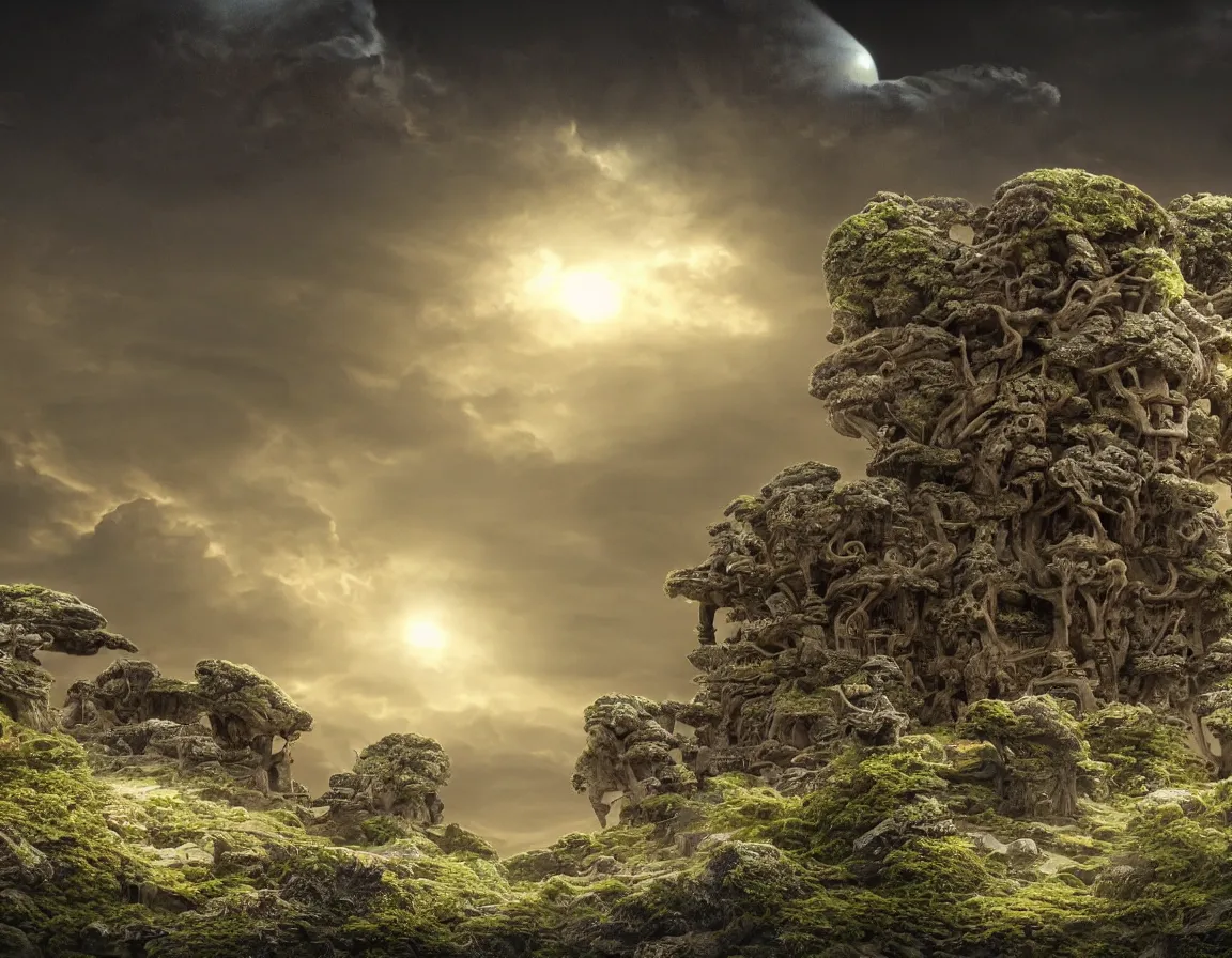 Prompt: very detailed photograph of an elaborate martian ancient alien temple complex, with lighted reflective chrome saucer spacecraft overhead, misty at sunset with volumetric lighting. sunlit cumulonimbus storm clouds float over. alien foliage, rocks with strange lichen. atmospheric haze, radiosity