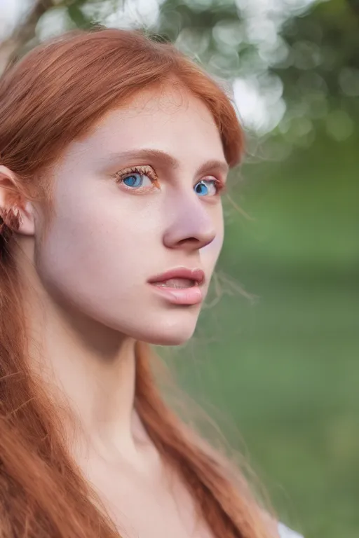 Image similar to olive skinned strawberry blonde female model in her twenties, wearing a v - neck blouse, looking content, focused on her neck, photo realistic, extreme detail skin, natural beauty, no filter, slr, golden hour, 4 k, high definition, selfie