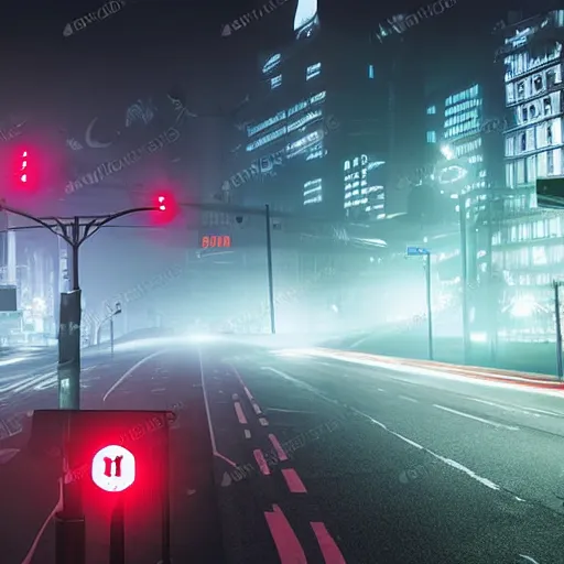 Image similar to dark nighttime foggy extremely detailed and complex poster for low poly night time motorcycle video game, night time, motorcycle, fog, mist, buildings, city, traffic signs, barriers, signs, glowing corporate logos