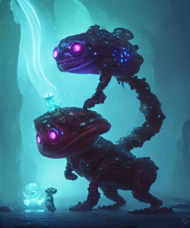 Image similar to a tiny creature with enormous eyes made of bioluminescence, fantasy, elegant, crisp 8 k line work, emissive lighting, digital painting, artstation, unreal engine, octane render, concept art, matte, sharp focus, illustration, art by james jean and justin gerard and josan gonzalez