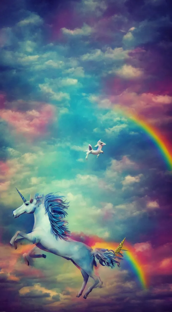 Image similar to Flying unicorn spotting rainbow, concept art, cinematic, colorful, pop