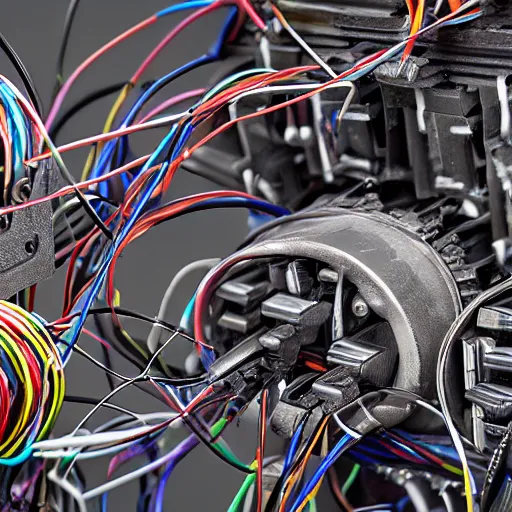 Prompt: a cluster of wires mixed into engine parts, photo realistic