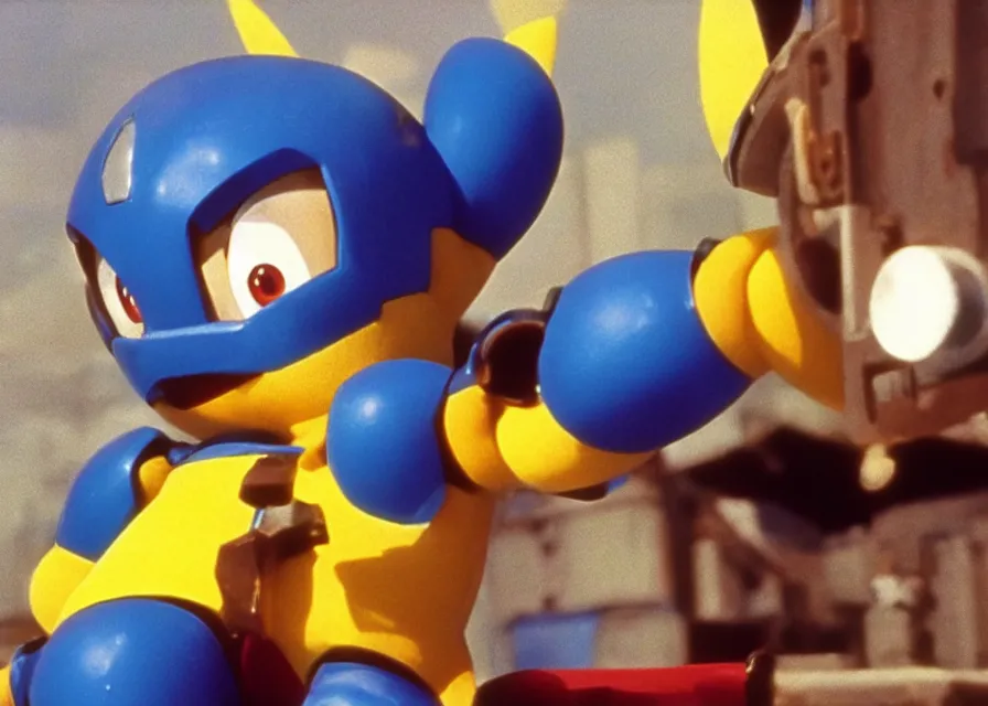 Prompt: Megaman as Pikachu, film still, 1990