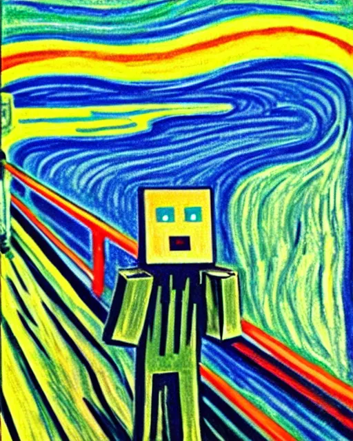 Prompt: minecraft creeper as the subject of the scream by edvard munch