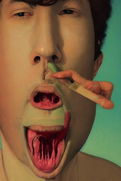 Image similar to a closeup portrait of a young italian man licking a blotter paper of LSD acid on his tongue and dreaming psychedelic hallucinations, by kawase hasui, moebius, Edward Hopper and James Gilleard, Zdzislaw Beksinski, Steven Outram colorful flat surreal design, hd, 8k, artstation