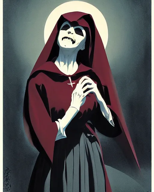 Prompt: single scary female vampire nun, evil grin, nun outfit, portrait size, photoshoot, powerful, super detailed and intricate, by koson ohara, by darwyn cooke, by greg rutkowski, by satoshi kon
