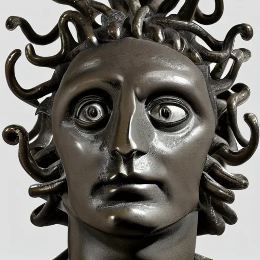 Image similar to medusa sculpted by szukalski and Arno Breker, black bronze,