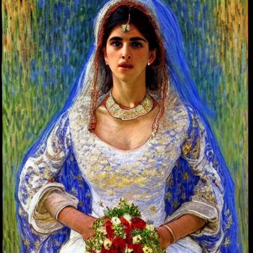 Image similar to full body portrait of a beautiful Kurdish bride wearing a beautiful wedding dress, very detailed eyes, hyperrealistic, beautiful and symmetrical face, very detailed painting by Claude Monet and Alphonse Mucha, ornate, trending on artstation, extremely high detail, incredibly intricate, claude monet