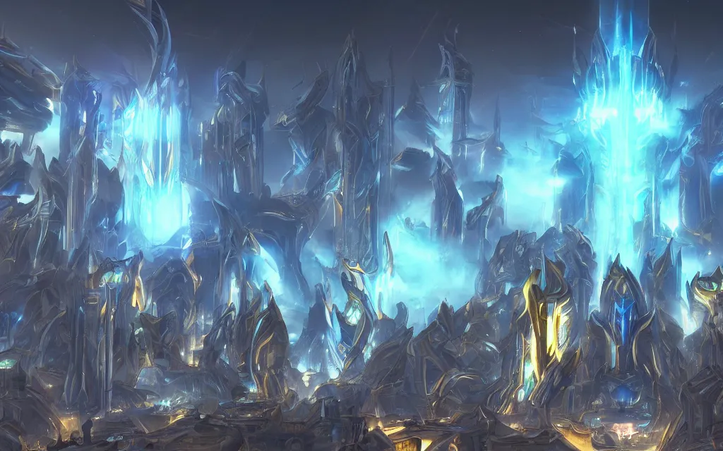 Image similar to protoss structure city, cinematic dramatic lighting, beautiful