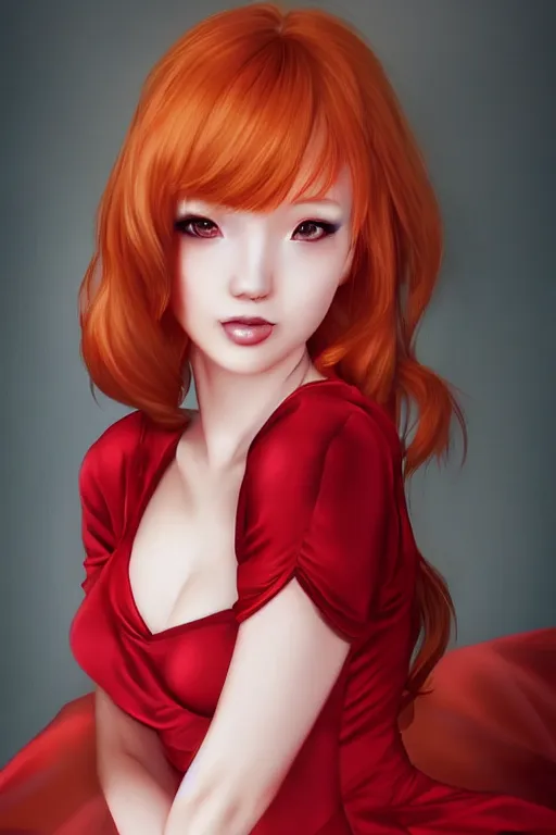 Prompt: Beautiful ginger portrait, short red satin dress by Artgerm and WLOP, Pixiv