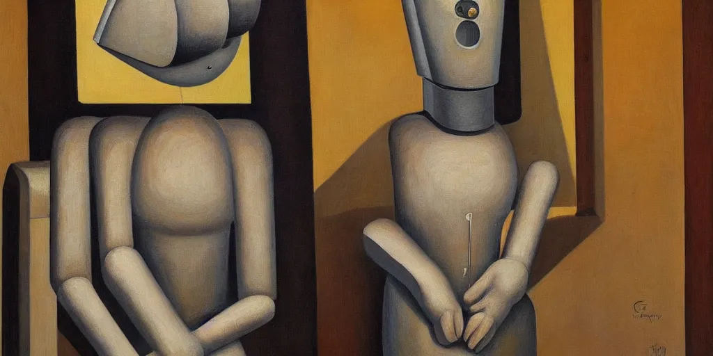 Image similar to brutalist feline robot portrait, grant wood, pj crook, edward hopper, oil on canvas