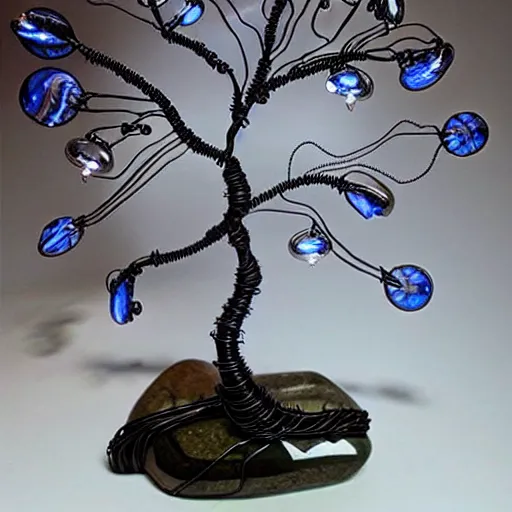 Image similar to intricate wire tree with agate accents, delicate, magnificent design, masterpiece, elaborate, dramatic lighting