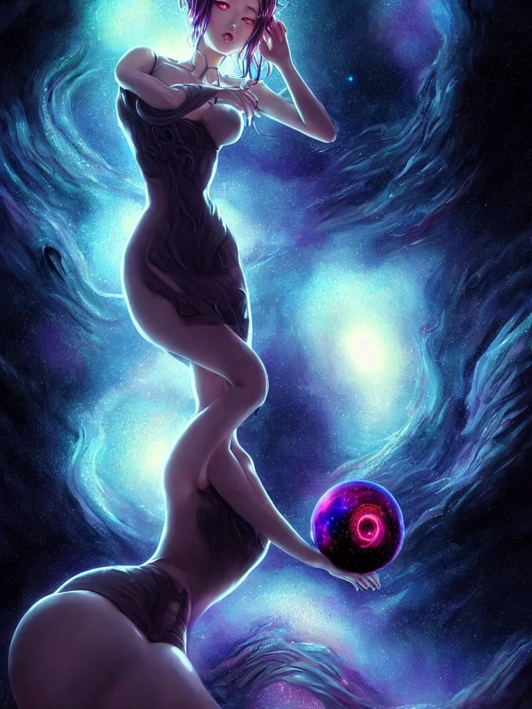 Image similar to azathoth girl, seductive pose, dress made of the milky way, full body, occlusion shadow, specular reflection, rim light, unreal engine, artgerm, artstation, art by hiroaki samura and ilya kuvshinov and ossdraws, intricate, highly detailed 8 k, cosmic horror illustration, extremely beautiful shape of face and body