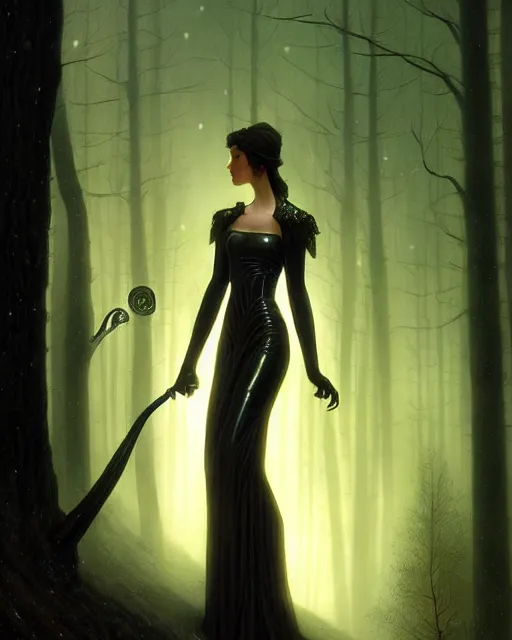 Image similar to nocturne, glowing, stars, a portrait of a female wood ranger, tall and thin, highly detailed, mysterious, ethereal, wearing elegant black leather armor, dark forest, illustration, painting, dramatic lighting, by edmund blair leighton, brom, charlie bowater, faces by otto schmidt