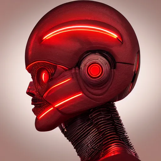 Image similar to sophisticated portrait of glowing, warm, reddish, atmospheric, misty, leds, futuristic cybernetic warrior alien in profile, highly intricate, detailed humanoid, trending on artstation