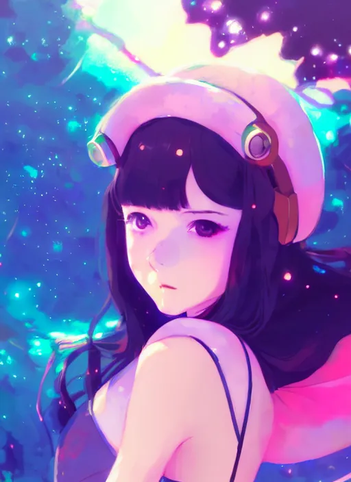 Prompt: portrait of cute girl in sexy clothes, psychedelic intergalactic background illustration concept art anime key visual trending pixiv fanbox by wlop and greg rutkowski and makoto shinkai and studio ghibli and kyoto animation