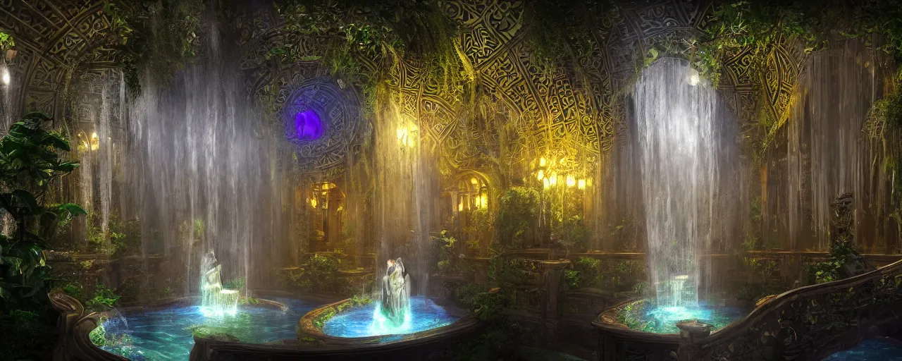 Prompt: interiors of a godly palace constructed of mirrors and spiraling staircases at night, life-size terrarium, flowing water, waterfalls, plants, glowing light, symmetrical, sacred geometry, heavenly, enchanted environment, fog, mist, low light, evil, dark, environment concept, cgsociety, environment 8K artstation, cinematic lighting, intricate details, 4k detail post processing, hyperealistic, unreal engine 5 render, photo realism, ultra detailed cinematic