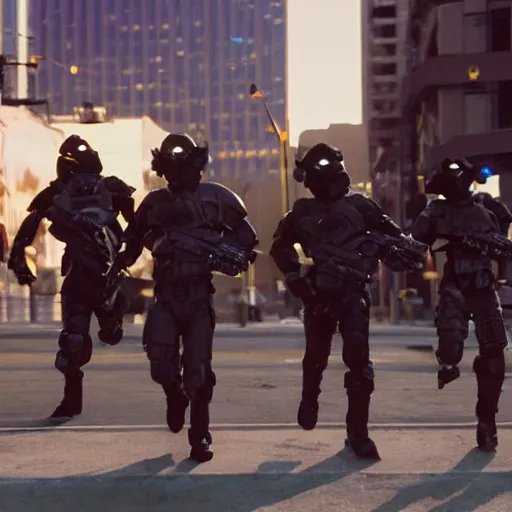 Prompt: film still of 'Los Angeles Future Squad 2050'. Epic action scene. Sigma 85mm f/8