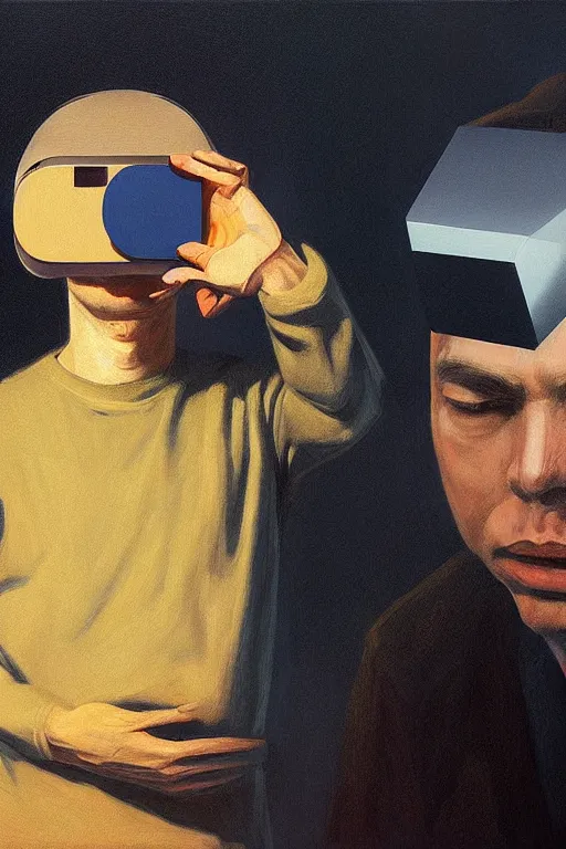 Image similar to satoshi nakamoto wearing oculus and bitcoin over his head edward hopper and james gilleard, zdzislaw beksisnski, higly detailed