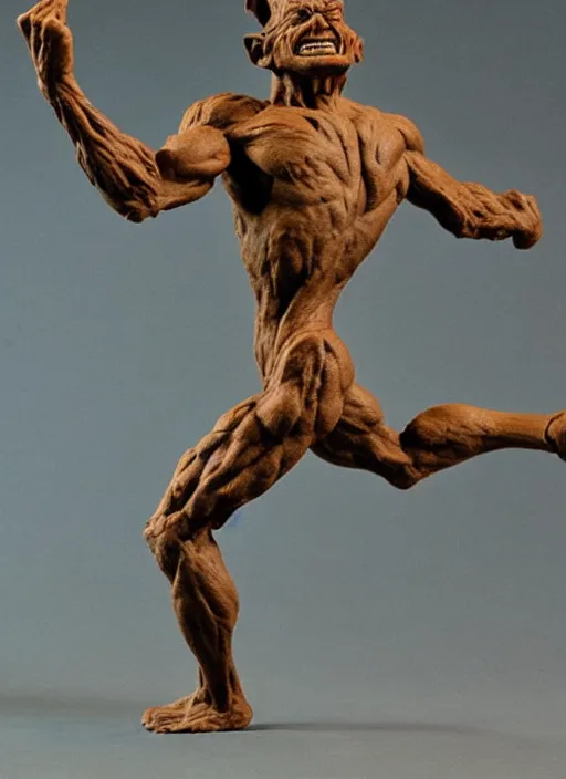 Prompt: a full figure clay sculpture of a running goblin, rough texture by Rodin and Frazetta
