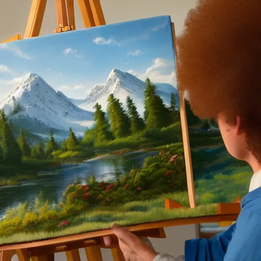 Image similar to a closeup photorealistic photograph of bob ross working on a canvas painting of mickey mouse. film still. brightly lit scene. mountains and trees. this 4 k hd image is trending on artstation, featured on behance, well - rendered, extra crisp, features intricate detail, epic composition and the style of unreal engine.