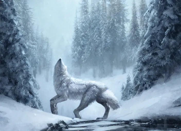 Prompt: Wolf in a snowfield , a fantasy digital painting by Greg Rutkowski and James Gurney, trending on Artstation, highly detailed