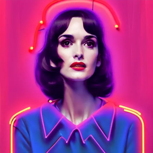 Prompt: photorealistic portrait of winona ryder, highly intricate, retro 6 0 s fashion, elegant, highly detailed, crispy quality and cyber neon light reflections, trending in artstation, trending in pinterest, glamor pose, sharp focus, no signature, no watermark, art by artgerm and greg rutkowski