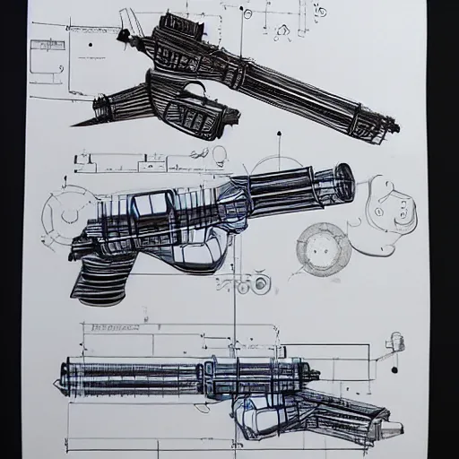 Prompt: blueprint of a laser space gun, technical draw, concept art, very detailed, 3 5 mm