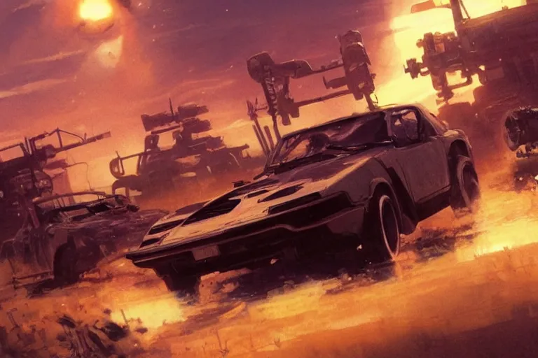 Image similar to 2 0 0 1 space odyssy diesepunk toyota mr 2 mad max speeding through a fuel depot chase under fire by greg rutkowski makoto shinkai takashi takeuchi studio ghibli, akihiko yoshida