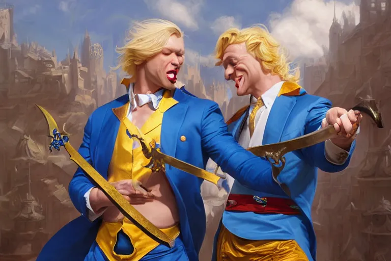 Image similar to a blond man in a blue suit sword fight with a jester, sunny day, matte painting, bold shapes, hard edges, street art, trending on artstation, by huang guangjian, gil elvgren, ruan jia, randy vargas, greg rutkowski