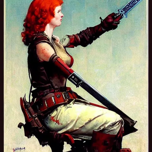 Prompt: female redhead templar, by norman rockwell