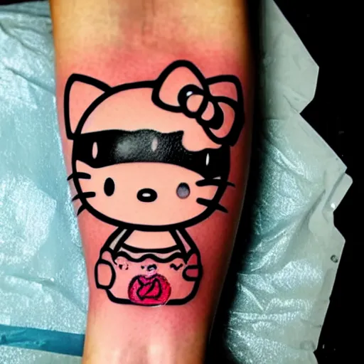 Image similar to beautiful gorgeous tattoo art of hello kitty, extremely intricate, professional art, striking pose, amazing