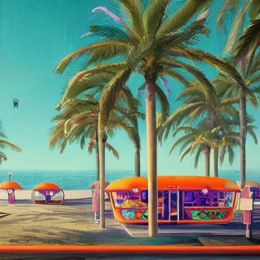 Image similar to inside psychedelic beachfront fast food restaurant with palm trees by simon stalenhag