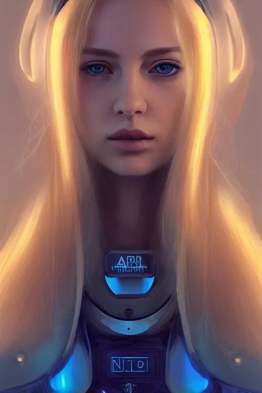 Image similar to portrait futuristic beautiful northern europe Airforce armored pilot Girl, long blonde hair, blue eyes, at inside of future fighter aircraft, ssci-fi, fantasy, intricate, very very beautiful, elegant, human anatomy, neon light, highly detailed, digital painting, artstation, concept art, soft light, smooth, sharp focus, illustration, art by tian zi and WLOP and alphonse mucha