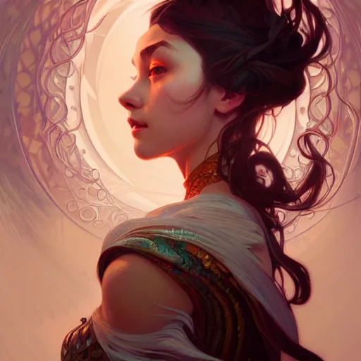 Image similar to Portrait of a girl surrounded by floating daggers, face, fantasy, intricate, elegant, highly detailed, digital painting, artstation, concept art, smooth, sharp focus, illustration, art by Sam Youn and Fernanda Suarez and Artem Demura and alphonse mucha