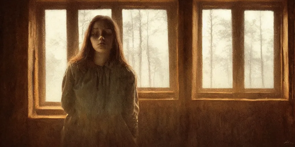 Image similar to portrait bust of young woman, tired expression, faded color film, russian cinema, tarkovsky, kodachrome, inside old cabin, next to window, heavy forest outside, long brown hair, old clothing, heavy fog, brown color palette, hudson river school, 4 k, dramatic lighting, greg rutkowski