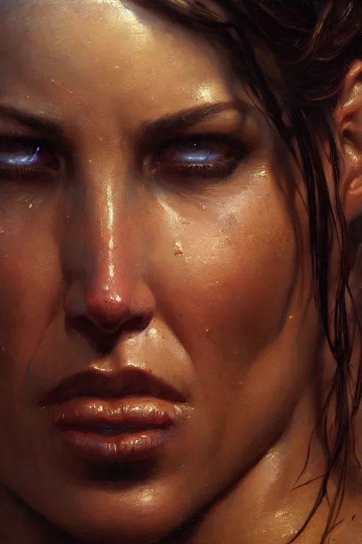 Image similar to muscular sweat lara croft, face close up, highly detailed painting by gaston bussiere, craig mullins, j. c. leyendecker 8 k