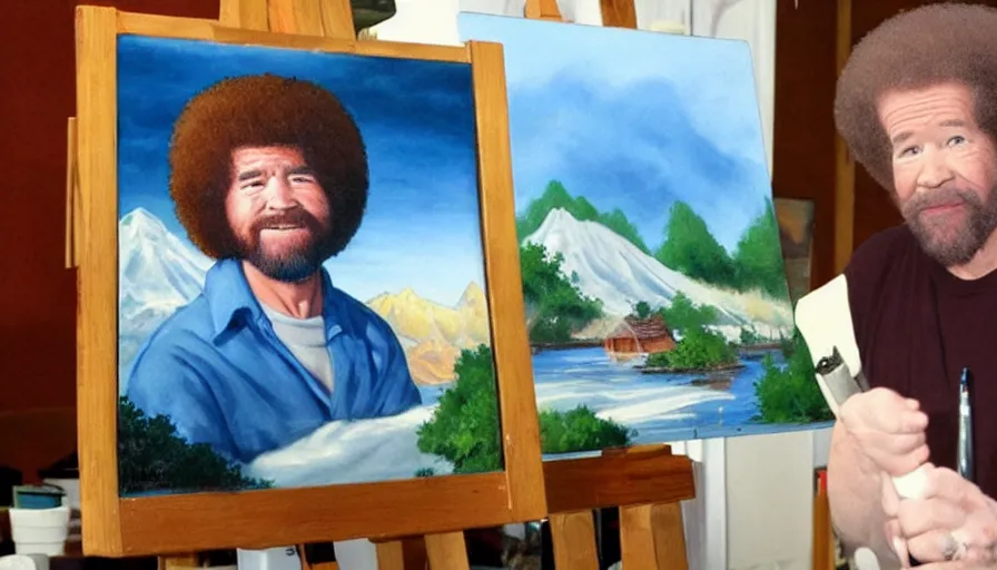 Image similar to bob ross snorting a fat line of cocaine with a beautiful landscape painting on an easel behind him