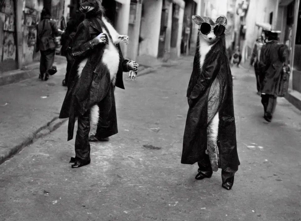 Prompt: a striking black-and-white photograph of a humanoid opossum in a trenchcoat and sunglasses in the streets of Mexico City, vintage art photography